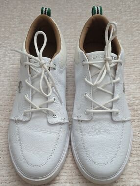 Lacoste White Leather Low-Top Sneakers with Green Heel Pull Tabs